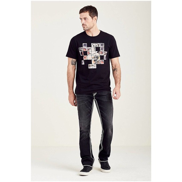 True Religion Men's Buddha Checks Crew Neck Tee T-Shirt in Black - Picture 4 of 4